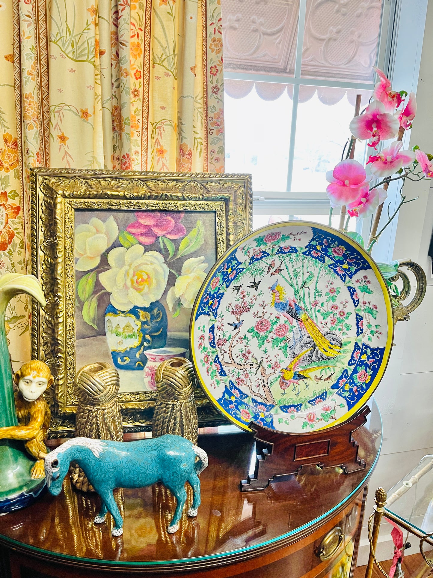 Vintage Floral Still Life Oil Painting — White Blooms in Chinoiserie Vase with Pink Teacup, Ornate Gilt Frame