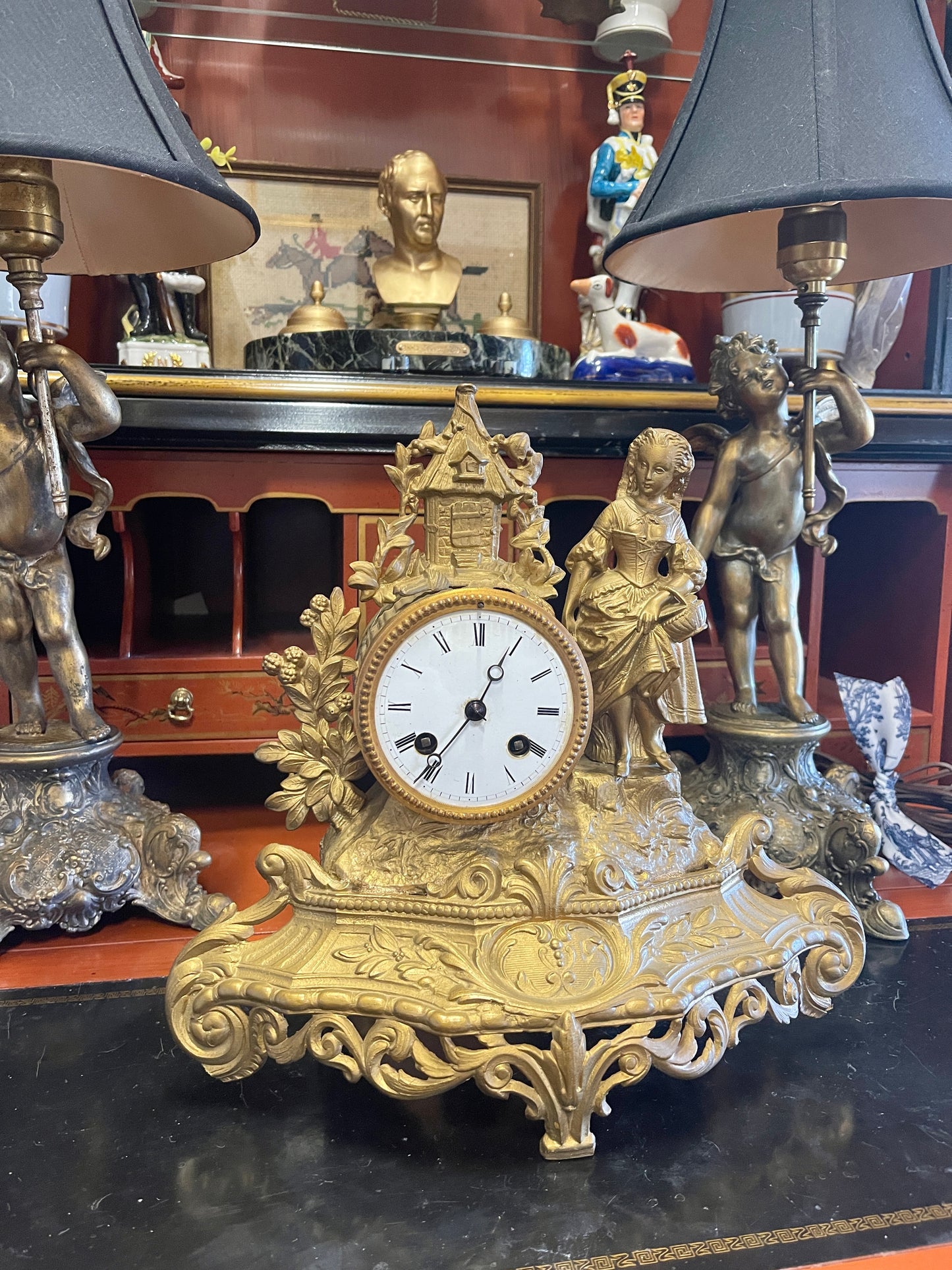 French Gilt Spelter Mantle Clock, 19th Century PH Mourey Figural Clock