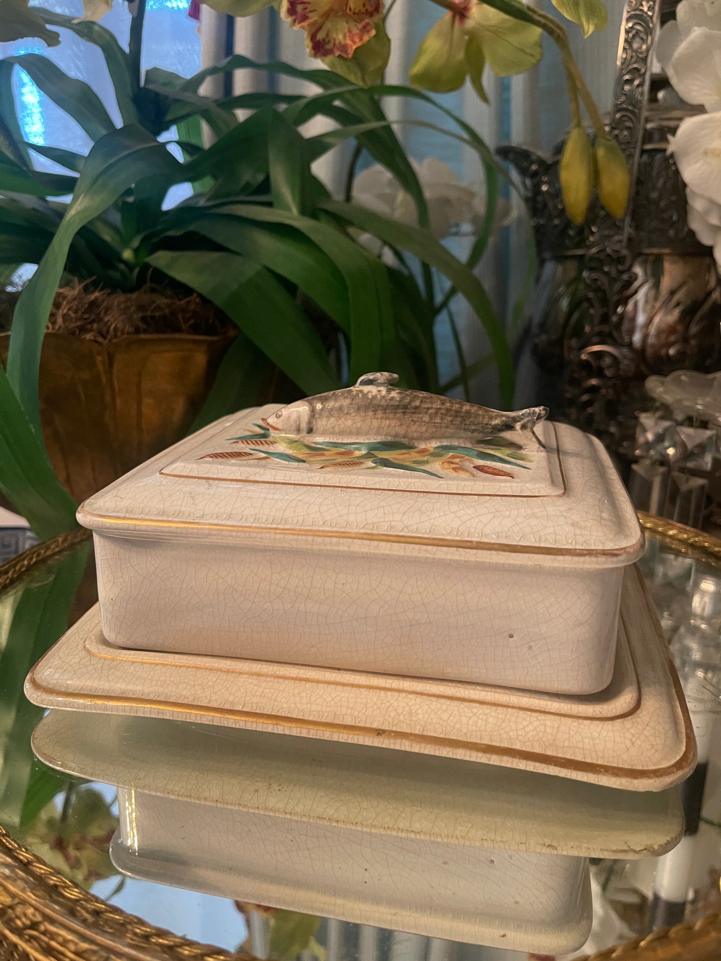 French Porcelain Sardine Box, Antique French Porcelain Sardine Box with Wheat and Fish Motif, Numbered