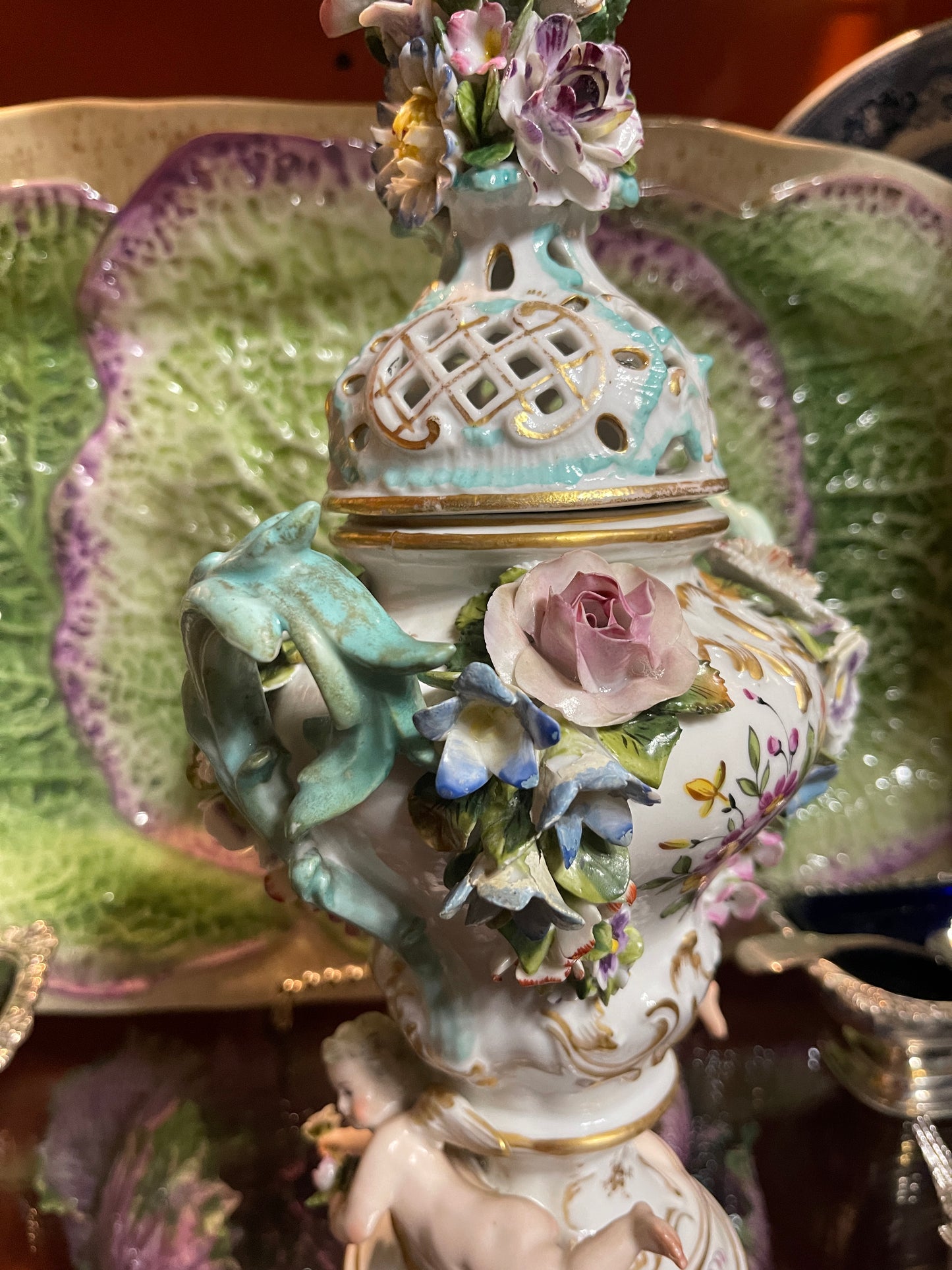 Antique Meissen Potpourri Urn with Cherubs | Bird Scene Porcelain | Floral Encrusted | 11.5”