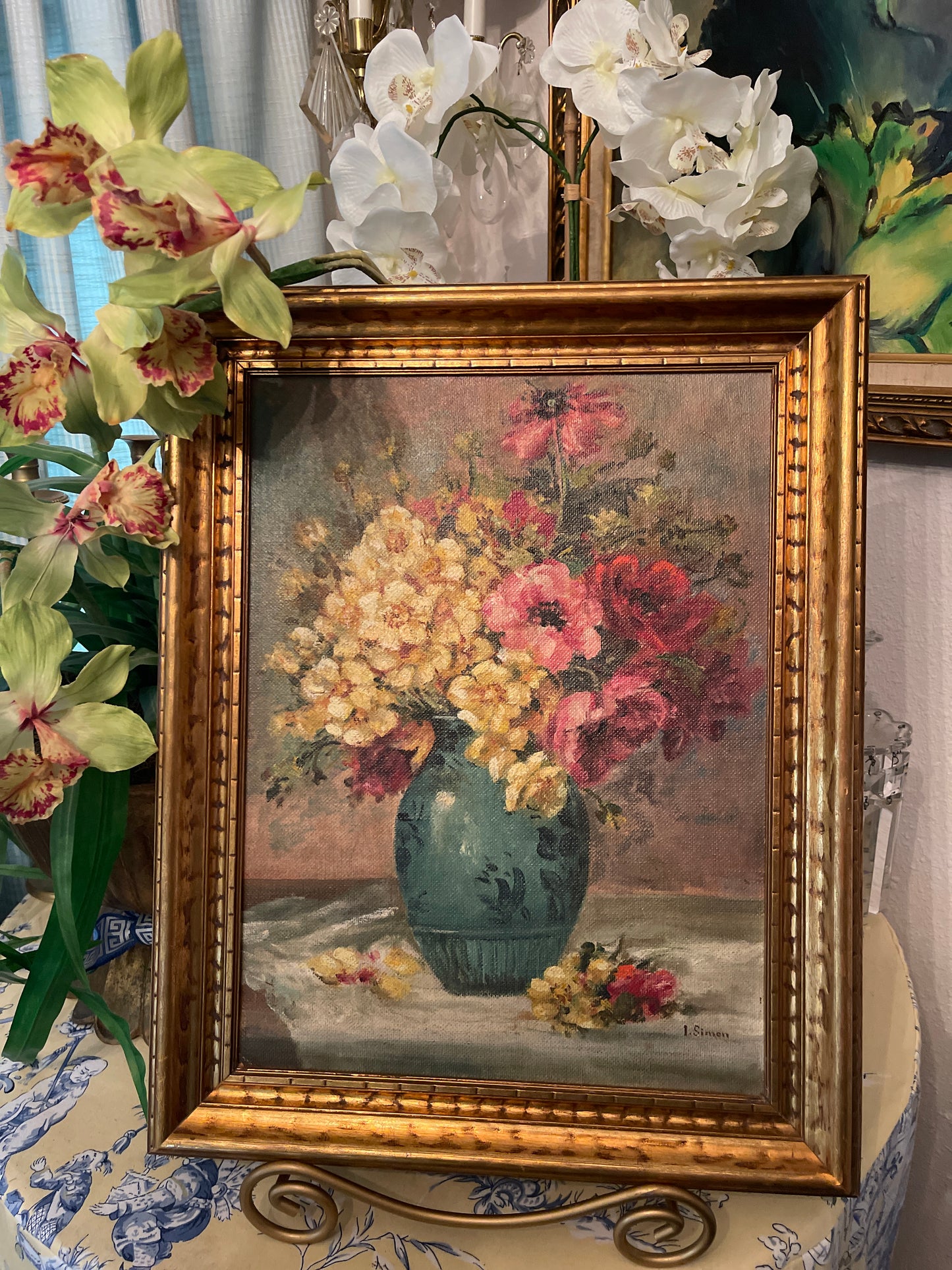 1920s Floral Still Life Painting, Blue Vase, Artist Signed