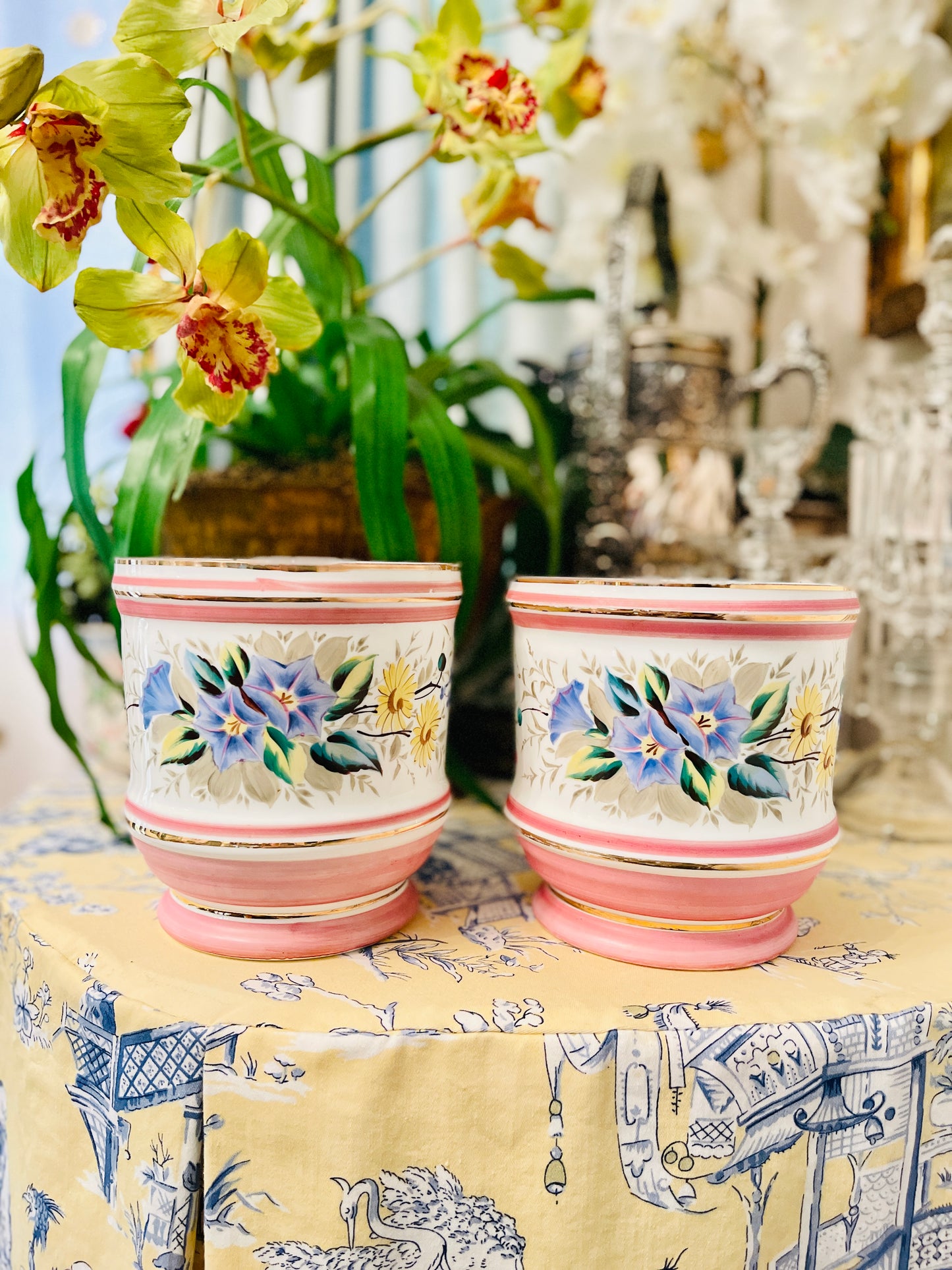 Vintage Porcelain Jardiniere, Pink and White with Hand Painted Flowers and Gilt Detail, Made in Germany, Estate Decor