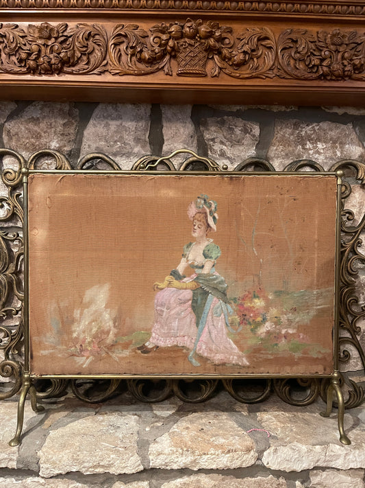 Antique Victorian Hand-Painted Fireplace Screen on Fabric with Brass Frame | Romantic 19th-Century Art Panel | Found in Round Top