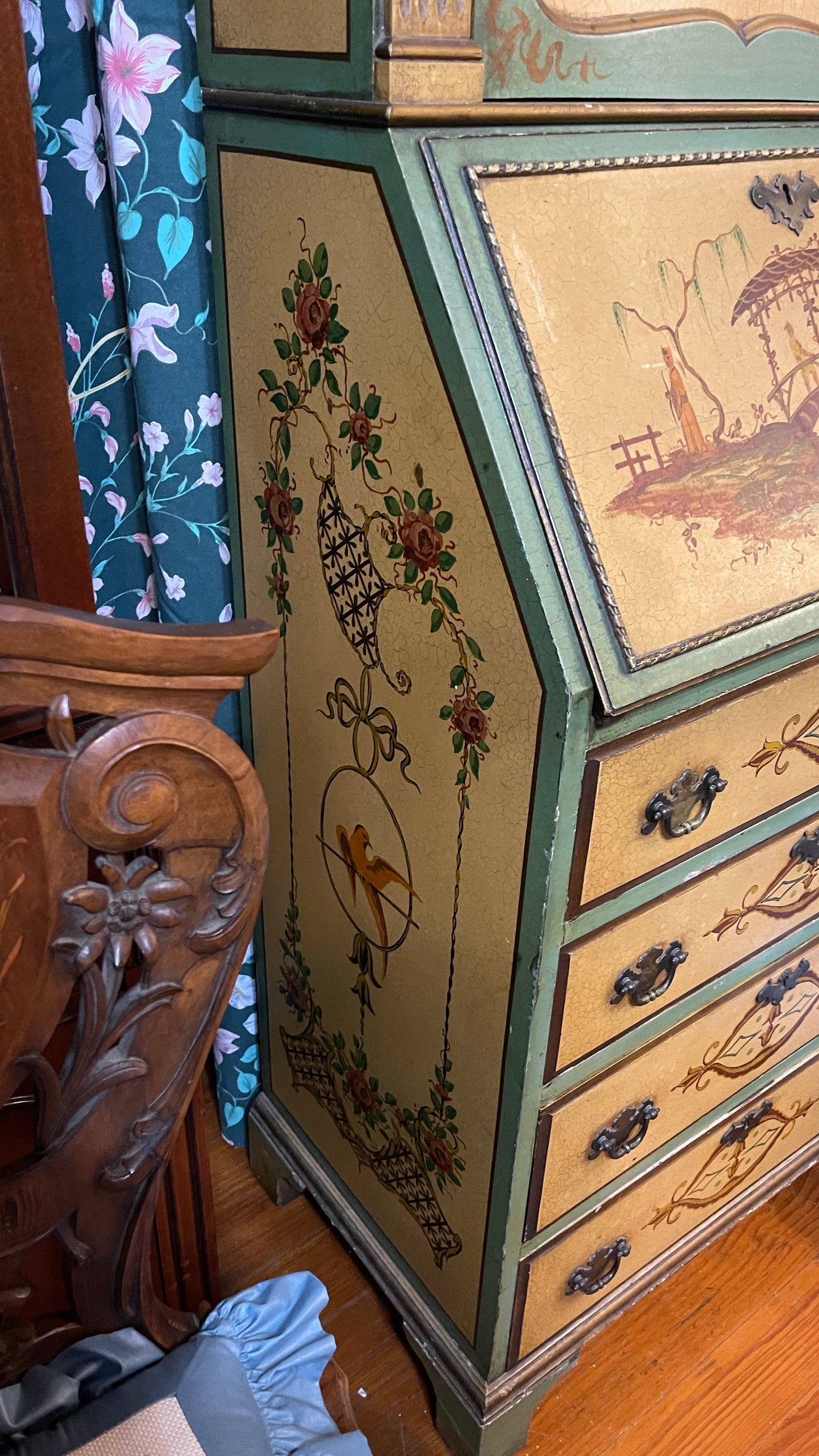 Vintage Hand-Painted Chinoiserie Secretary Desk
