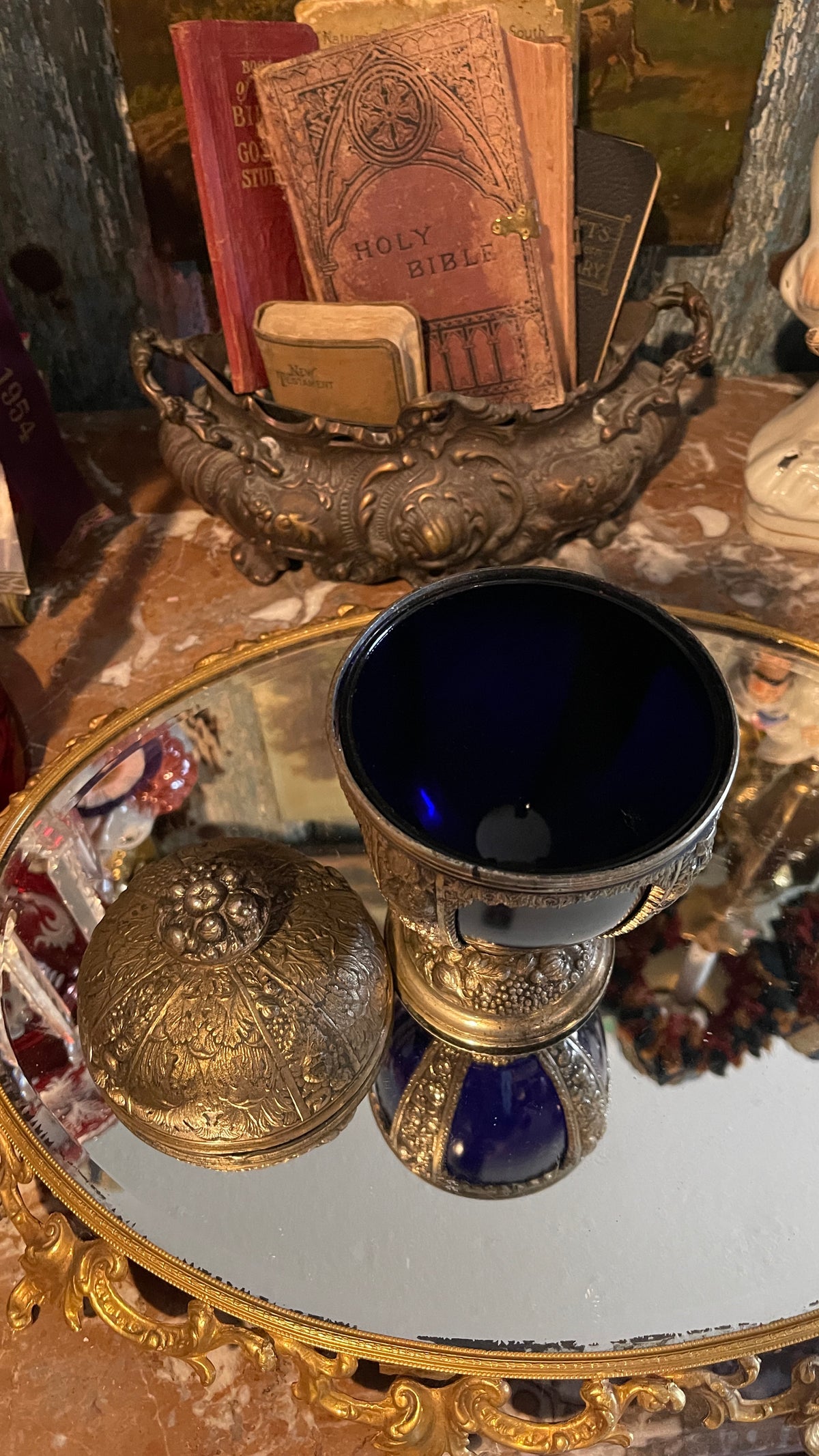Cobalt & Abundance — Blue Glass Covered Urn with Floral & Fruit Metalwork | 8.5” H × 4” W