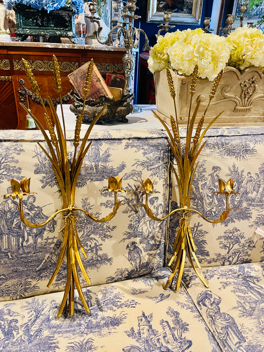 Vintage Italian Gilt Tole Wheat Sheaf Wall Sconces, Pair- Round Top Find