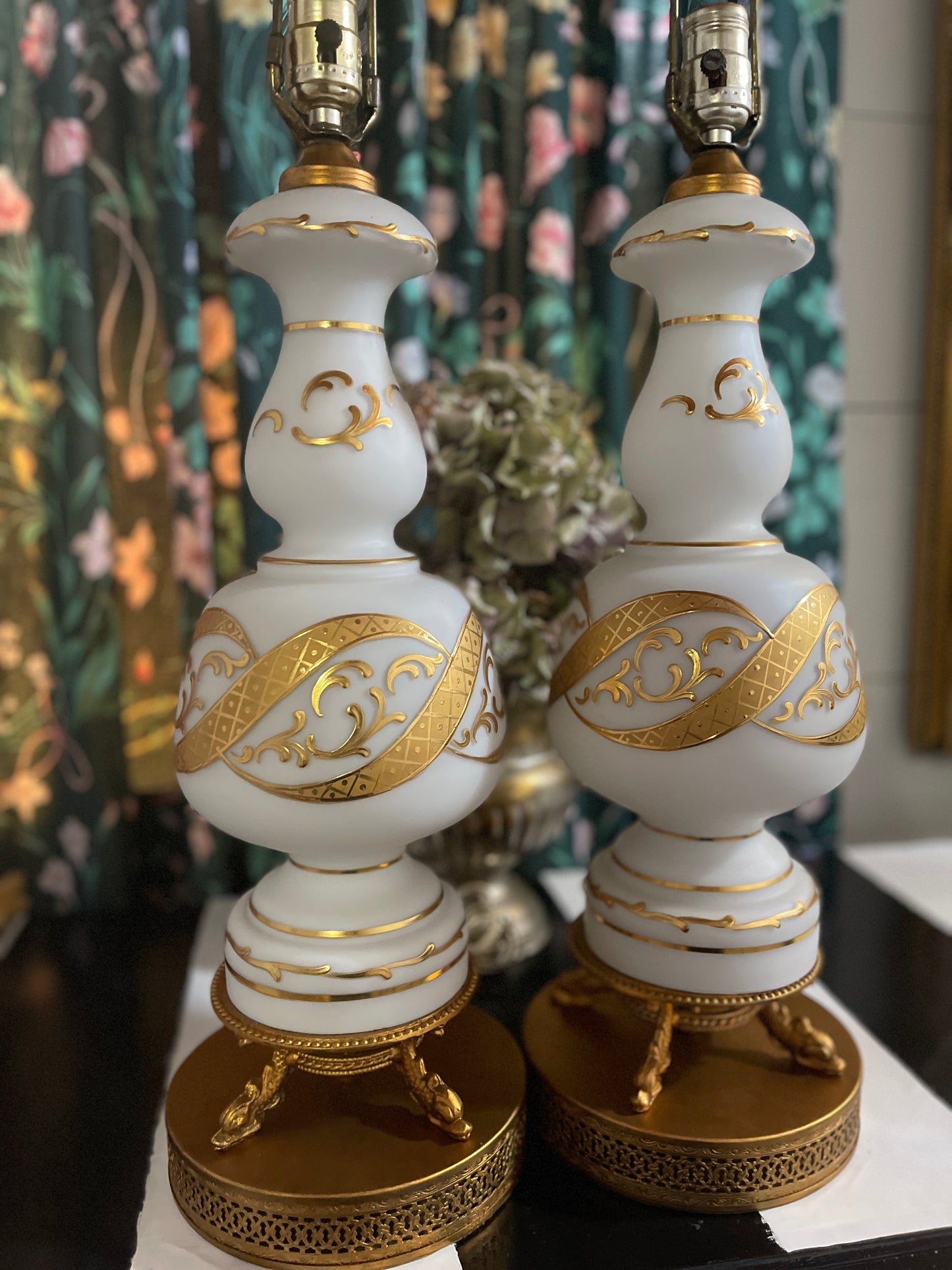 Vintage Lamps, Pair of Vintage Bohemian Satin Glass and Gold Relief Detail Table Lamps, Koi Tole Bases, Estate Decor