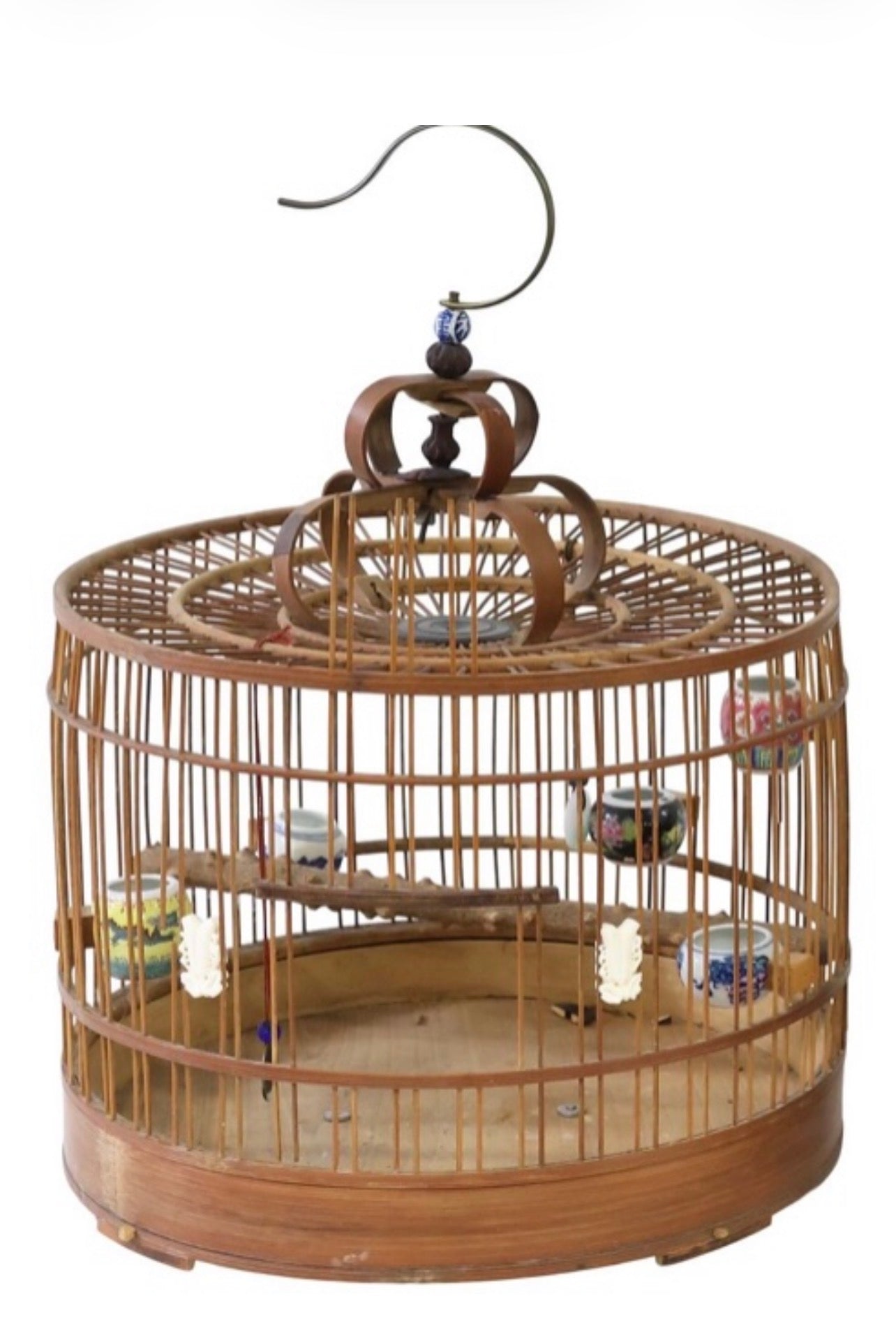 Antique Chinese Bamboo Bird Cage with Hand-Painted Porcelain Feeders