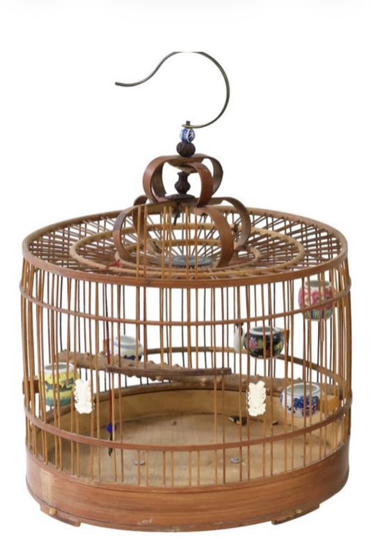 Antique Chinese Bamboo Bird Cage with Hand-Painted Porcelain Feeders