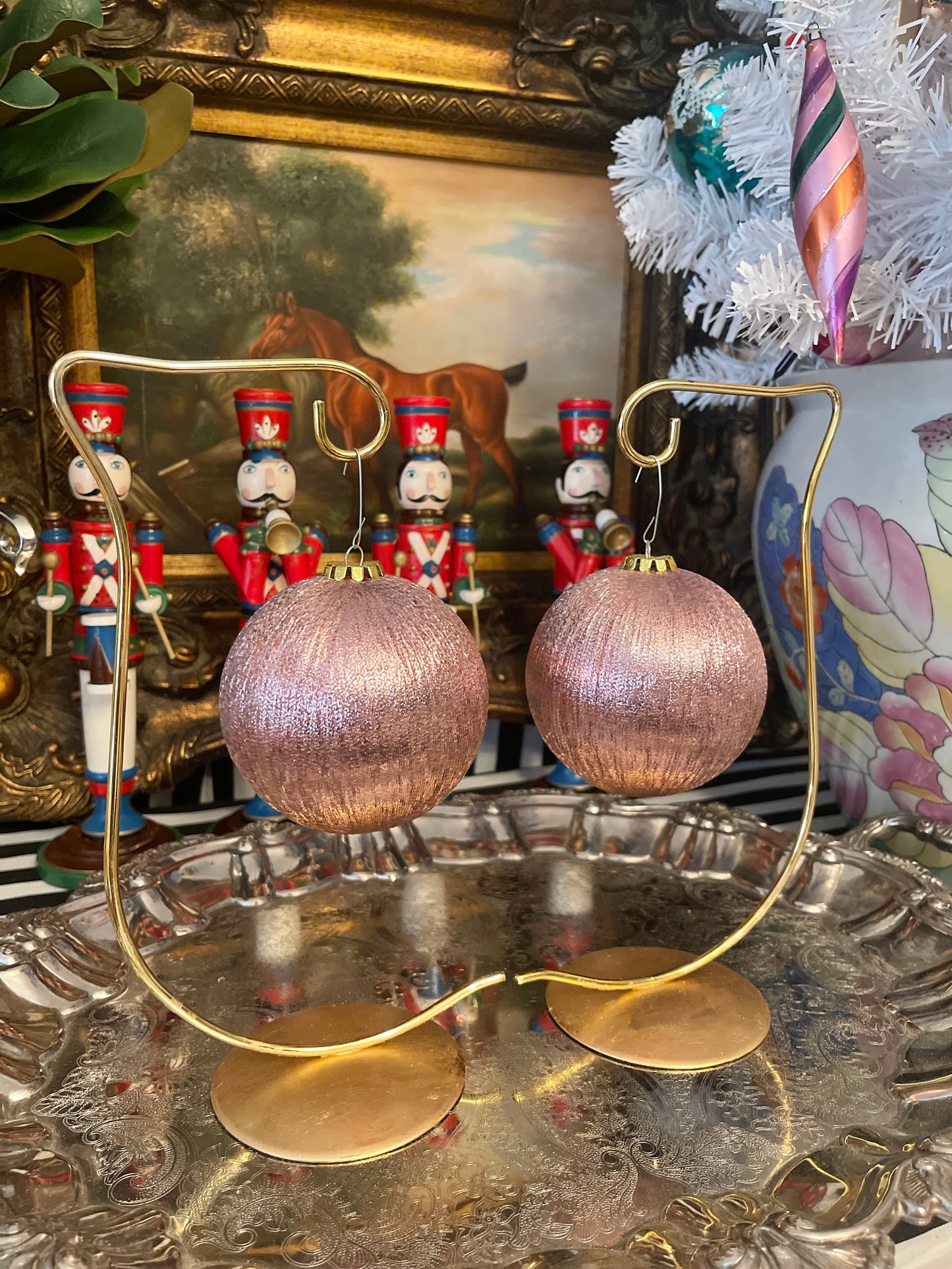 Large Metallic Pink String Ornament Pair, Vintage String Ornaments