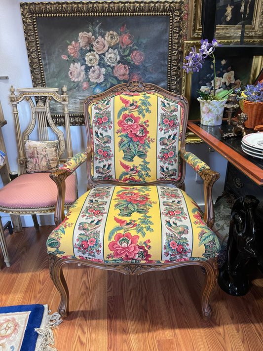 French Country Louis XV Armchair in Vintage Waverly “Rochelle” Bird & Floral Fabric | Custom Upholstery by Calico Corners |PRICED FOR PICKUP