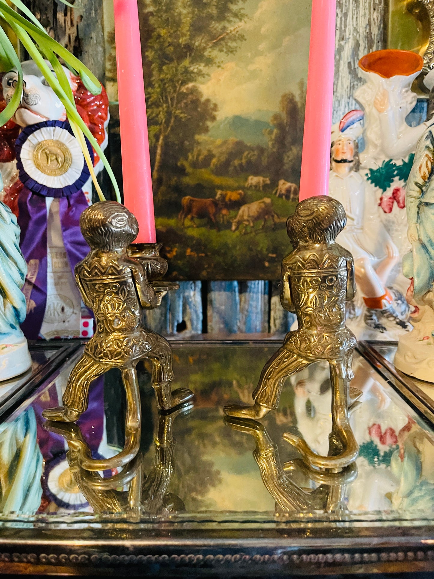 Pair of Vintage Brass Monkey Butler Candlesticks | Figural Brass Candle Holders