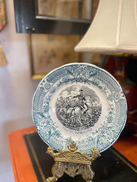 Antique Sarreguemines Soldats Napoleon Plate - 19th Century Antique French Digoin & Sarreguemines Teal & Black Napoleon Dessert Plate