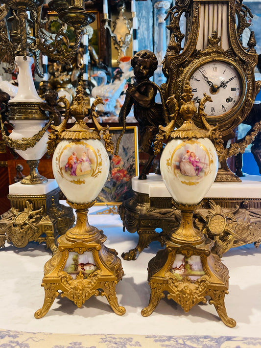 Antique French Sevres-Style Garniture Statues — 19th-Century Hand-Painted Porcelain with Ormolu Mounts
