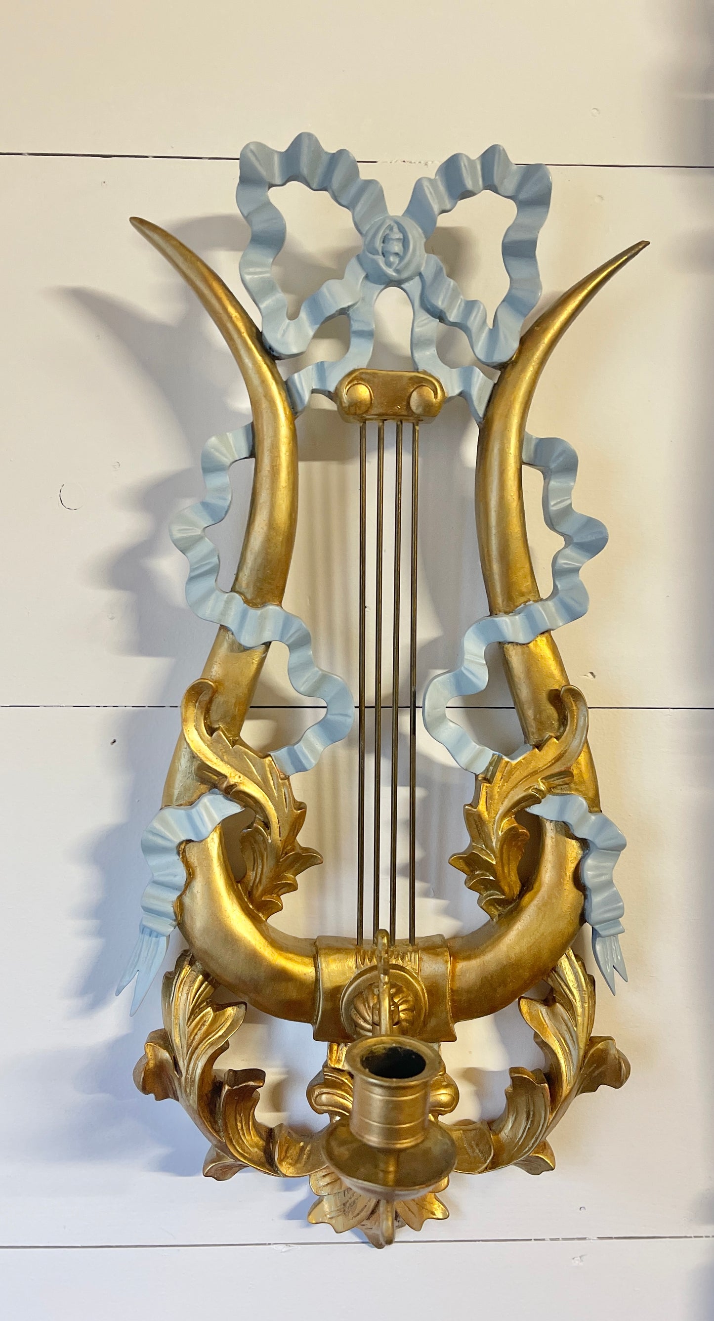 Italian Giltwood Lyre Sconces with Cascading French Blue Bows, Vintage