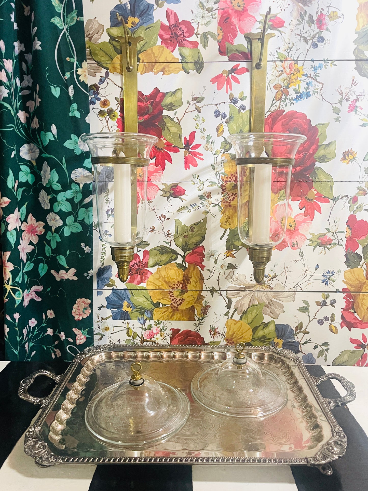 Vintage Brass & Glass Hurricane Candle Sconces — Classic Colonial Revival Style Lighting
