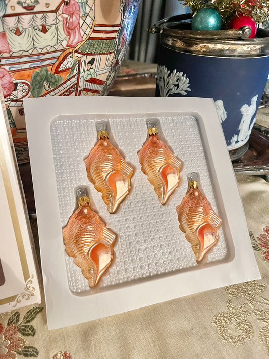 Conch Shell Ornaments by Kurt Adler, Vintage Set of Four Handblown Glass, Original Box