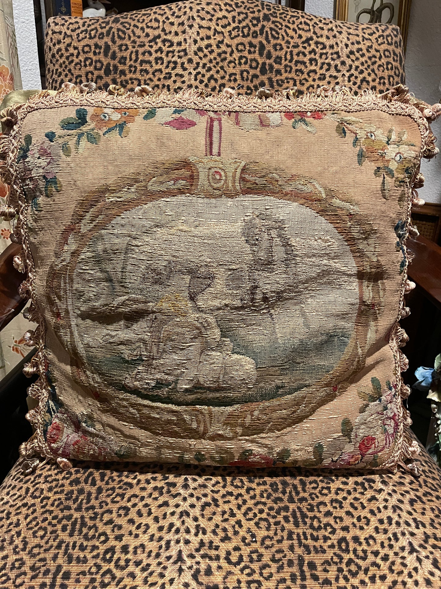 19th Century Horses & Pastoral Scene French Aubusson Tapestry Pillow – Shunting Silk Backing