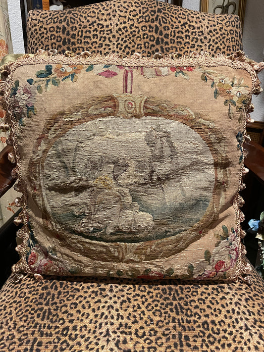 19th Century Horses & Pastoral Scene French Aubusson Tapestry Pillow – Shunting Silk Backing