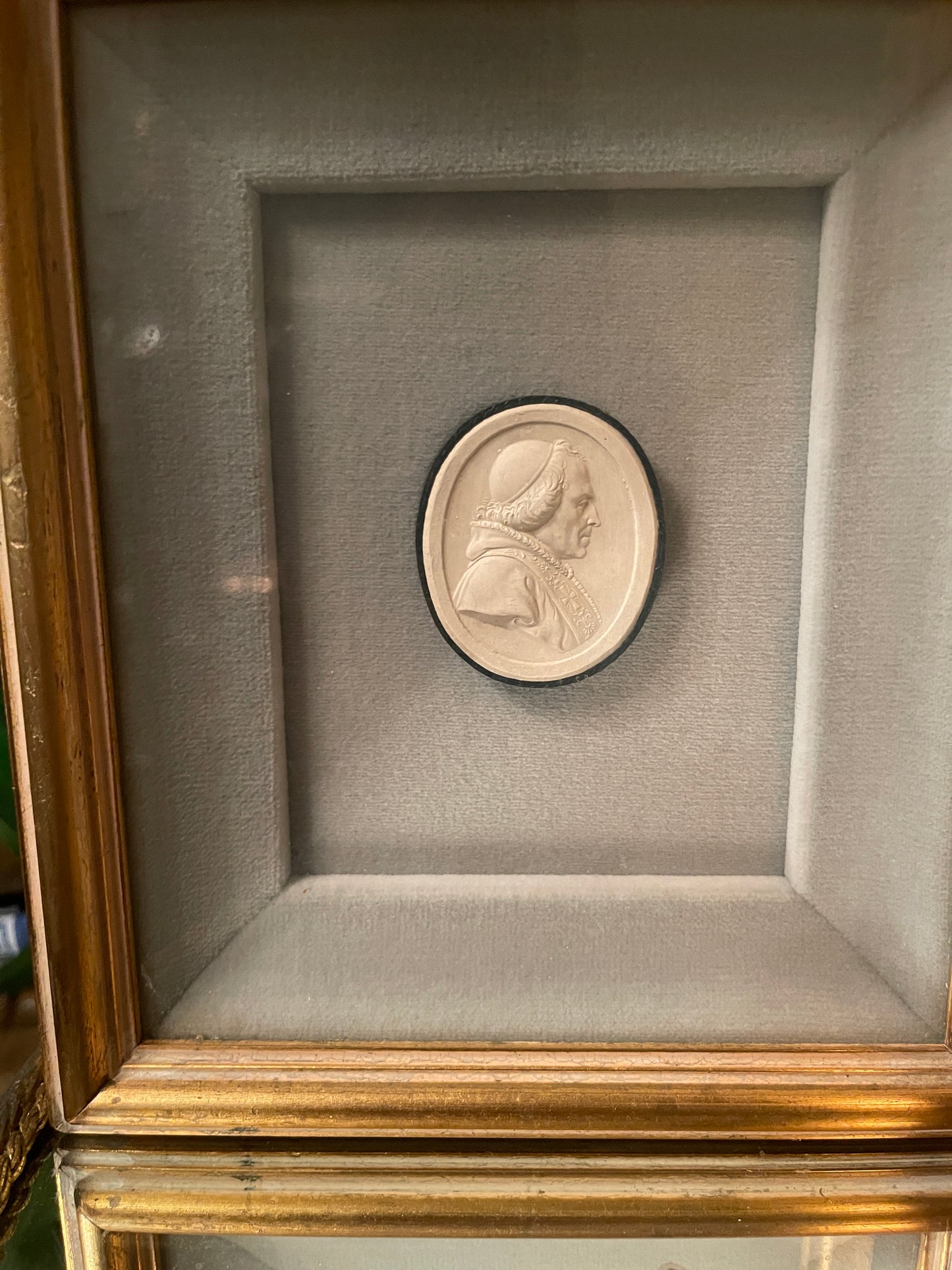 Vintage Pair of Framed Intaglios, French Blue Matting, Professionally Framed