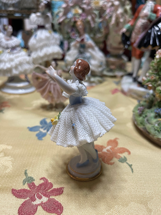 German Porcelain Dresden-Style Lace Dancer Figurine | Vintage European Porcelain in Light Blue and White