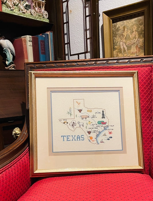 Vintage Hand-Stitched Texas Needlepoint Map | Professionally Triple Matted & Framed