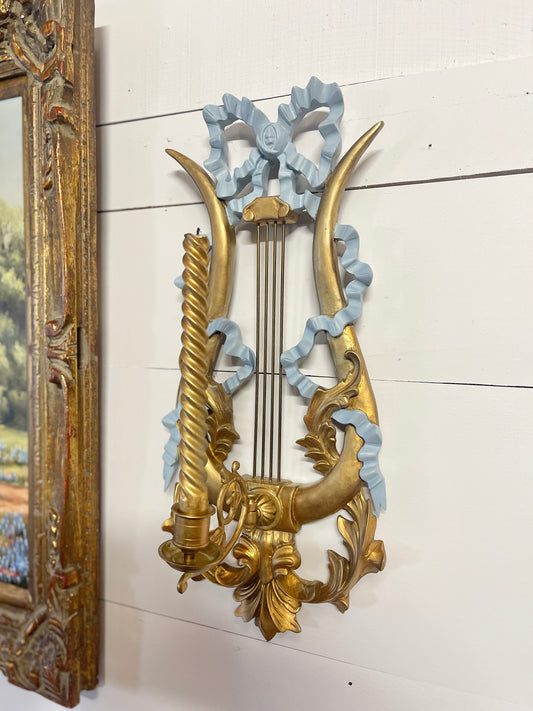 Italian Giltwood Lyre Sconces with Cascading French Blue Bows, Vintage