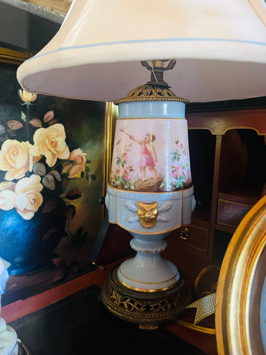 Antique French Sevres Style Porcelain Lamp – Hand-Painted Romantic Scene & Gilt Accents