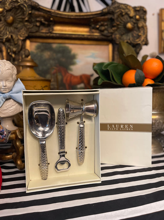 Vintage Ralph Lauren Equestrian Braid Stainless Barware Set, NIB