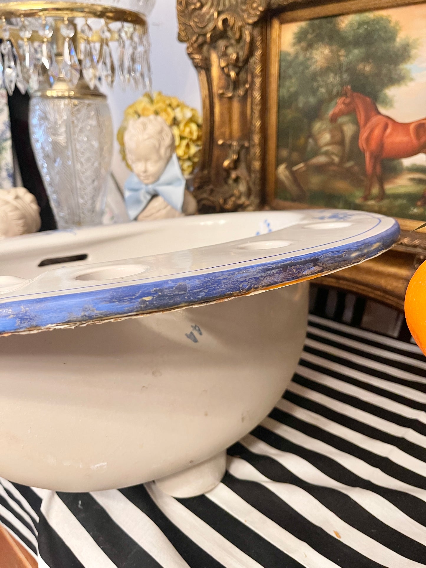 Blue and White Vintage Porcelain Vanity Sink, Hand Painted