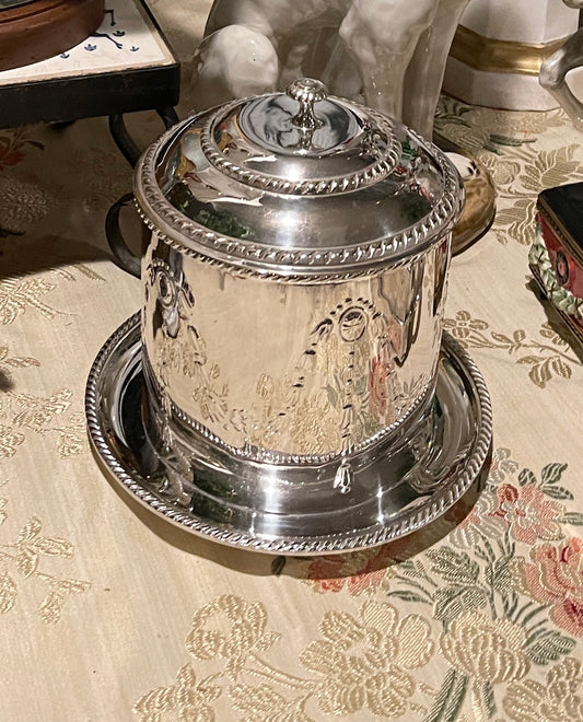 Vintage Victorian Silver Plate Biscuit Box Tea Caddy with attached Underplate