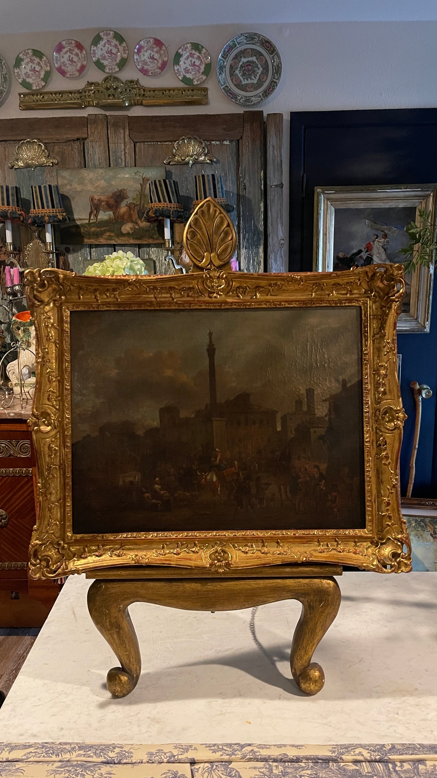 19th-Century European Oil Painting of Market Scene, Florence in an Exceptional Barbizon Frame