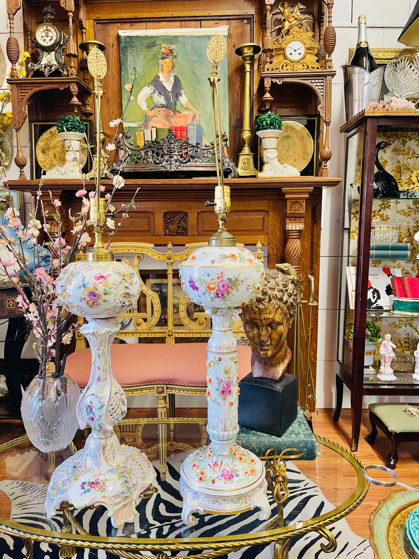 Pair of Monumental Vintage Porcelain Floral Lamps