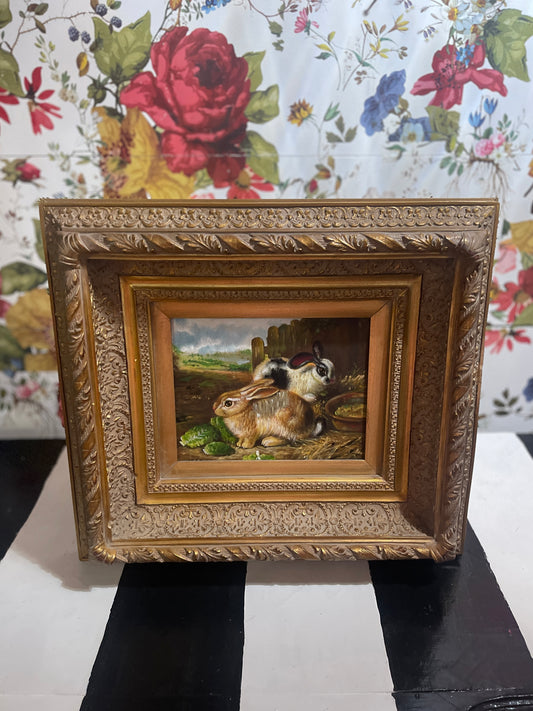Estate Rabbit Oil Painting on Canvas, Vintage