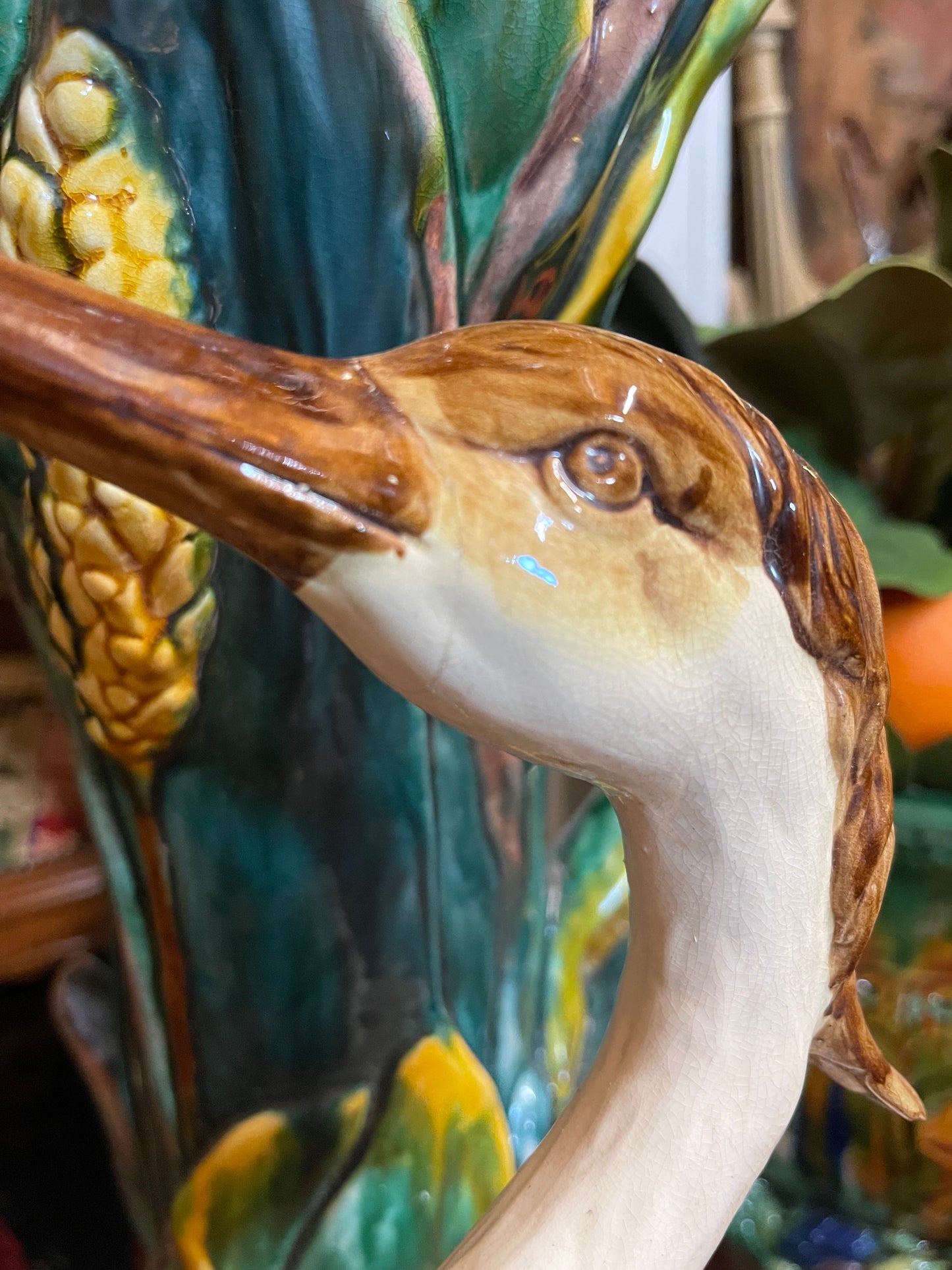 Monumental French Art Nouveau Majolica Jardinière on Heron Stand | Vallauris Style | Palm Beach Chic Coastal Garden Statement Piece