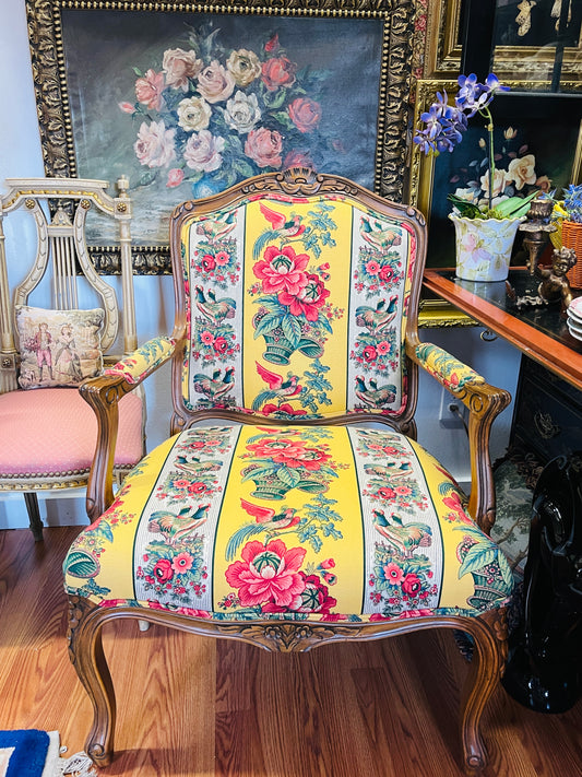 French Country Louis XV Armchair in Vintage Waverly “Rochelle” Bird & Floral Fabric | Custom Upholstery by Calico Corners |PRICED FOR PICKUP