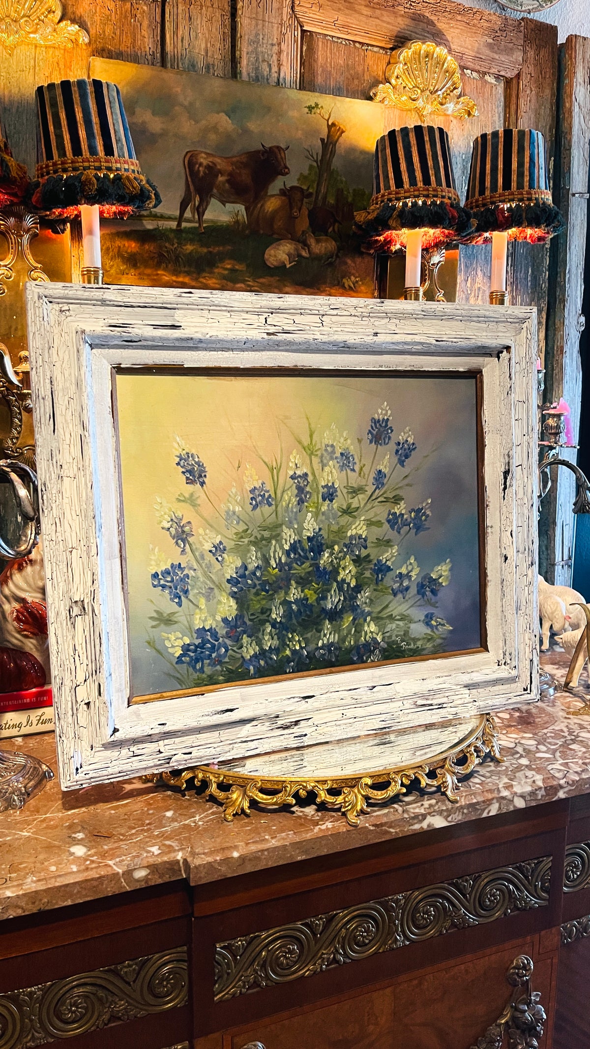 Artist-Signed Bluebonnet Painting in Chippy White Frame, Round Top Find