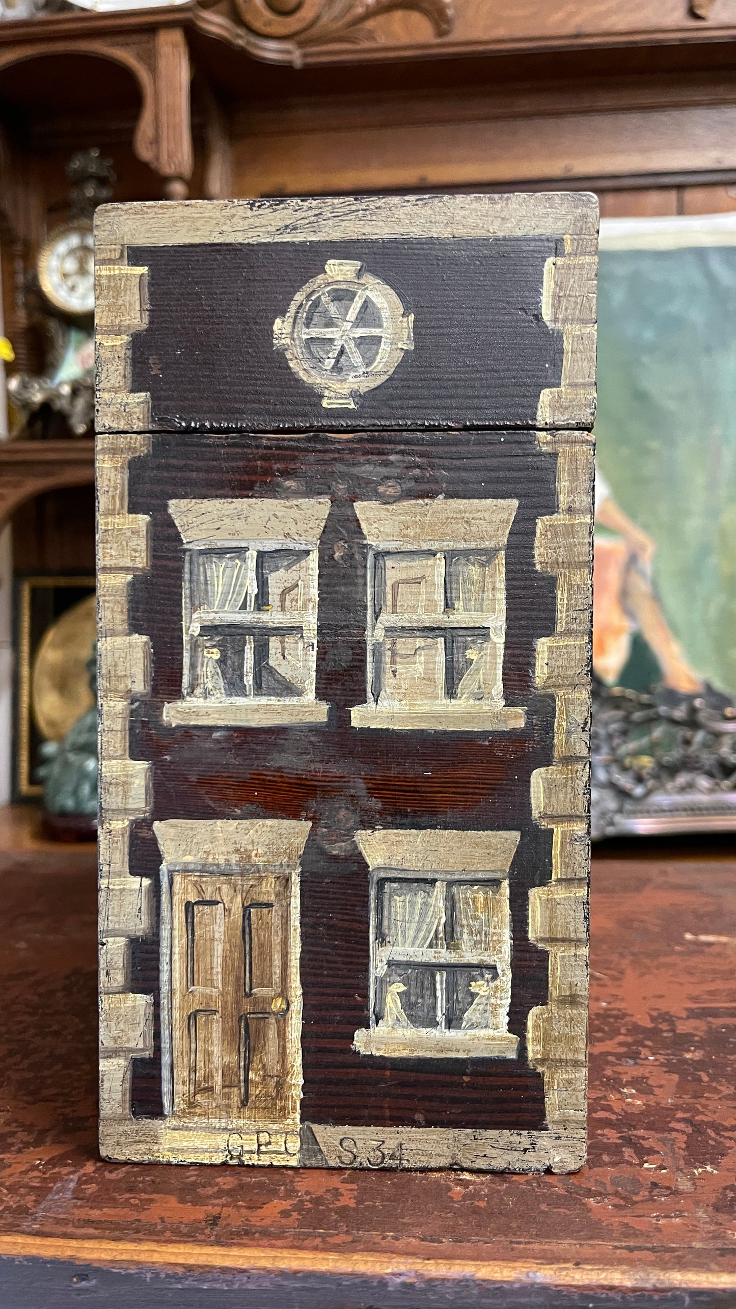19th Century English Paint-Decorated Table Box with Topiaries, Georgian Townhouse Façade | English Folk Art Storage Box