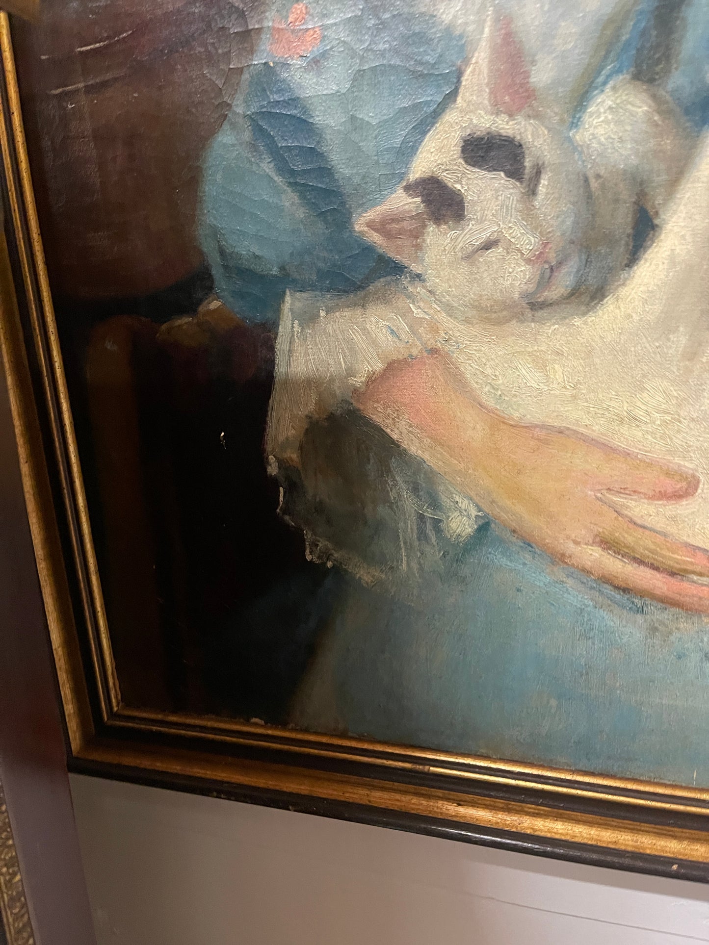 Antique Portrait Oil Painting of Young Girl with White Cat, 19th Century Blue and White Portrait with Bow | Original Antique Portrait Oil Painting