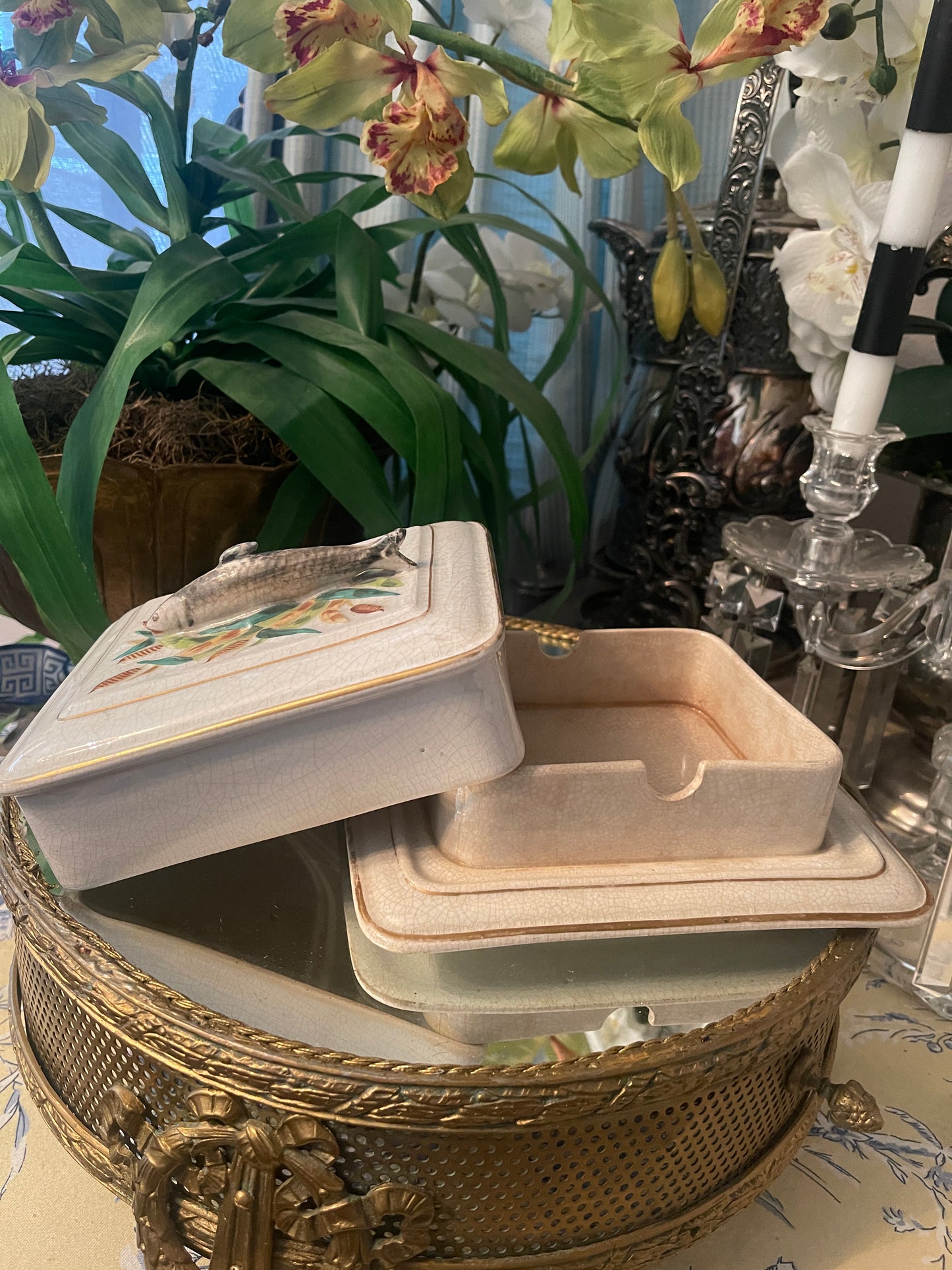 French Porcelain Sardine Box, Antique French Porcelain Sardine Box with Wheat and Fish Motif, Numbered