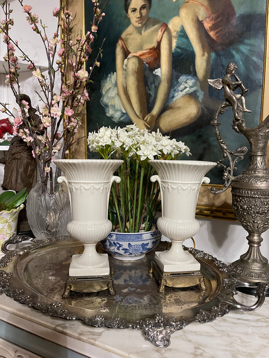 Vintage Neoclassical Urn Lamps on Brass Paw Feet | Fluted Porcelain Urn Form with Scrolled Handles