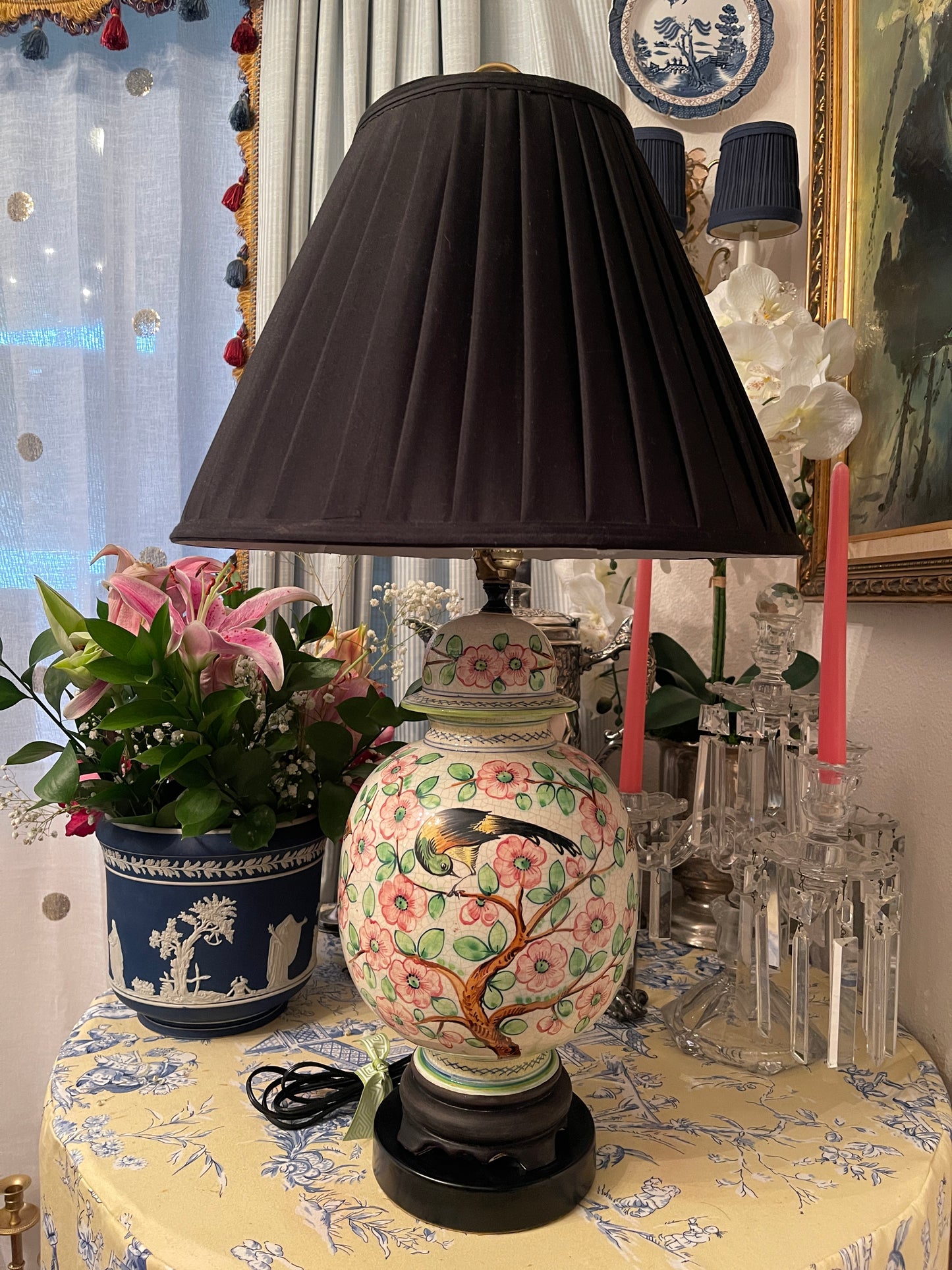 Chinoiserie Ginger Jar Lamp with Birds, Butterflies, and Pink and Green Flowers