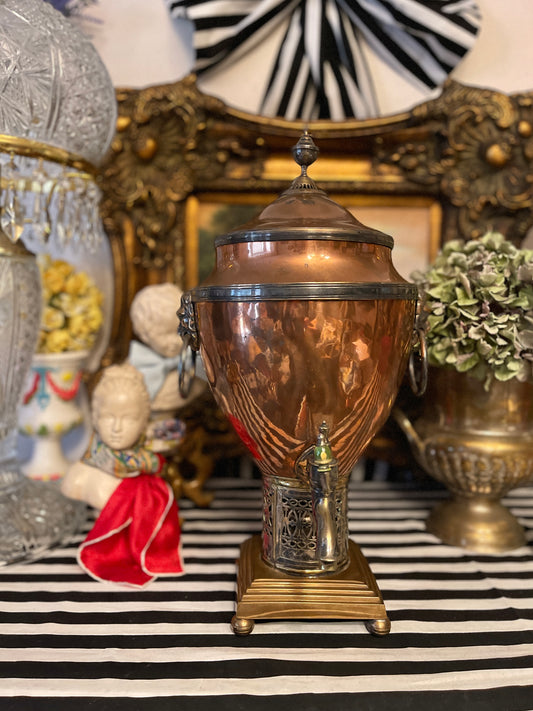 Adam Style Neoclassical Copper & Brass
Samovar with Lion Head Rings and Stepped Base