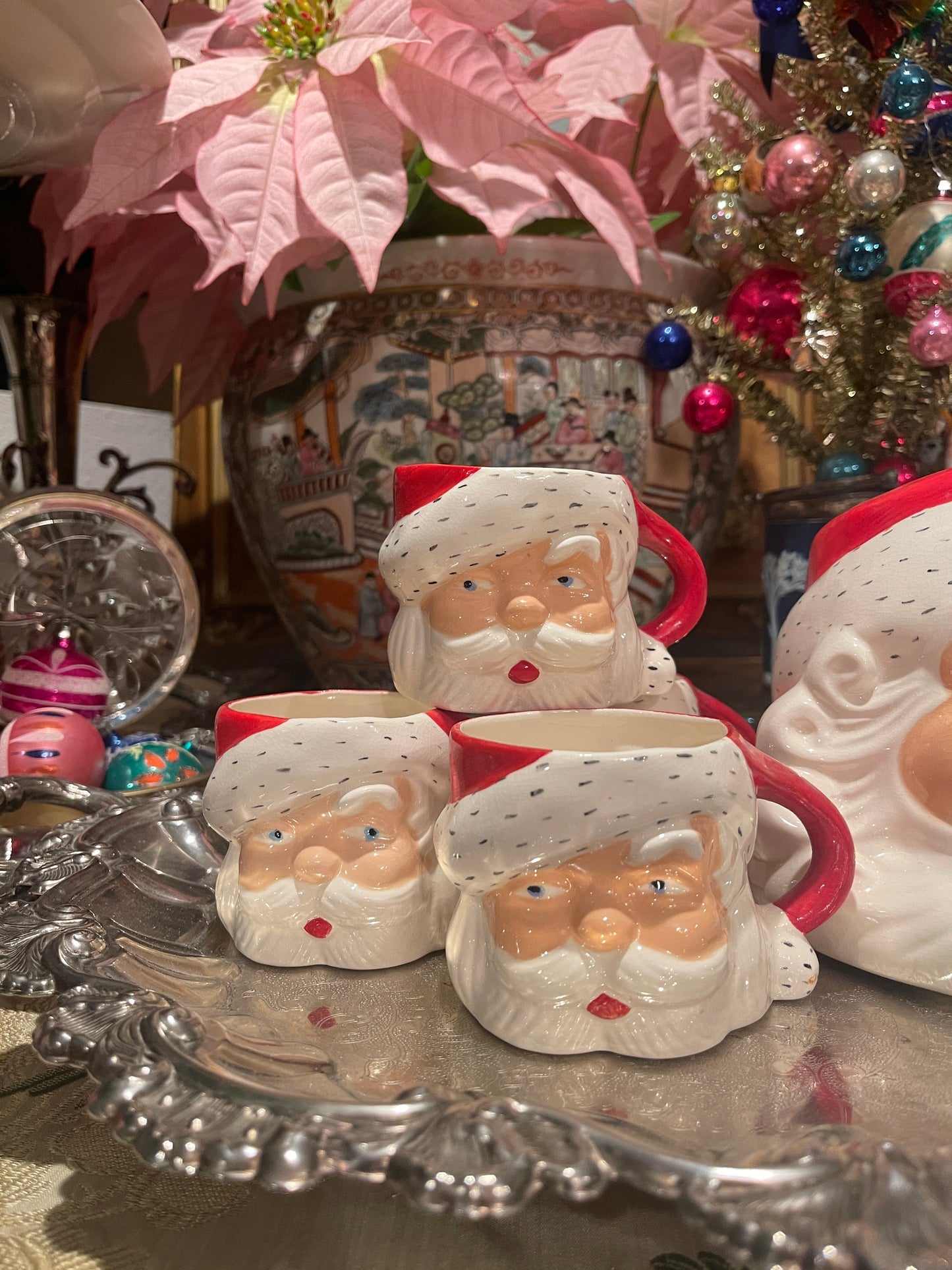 Vintage Santa Punch Bowl, Ladle, and 4 Santa Mug Set