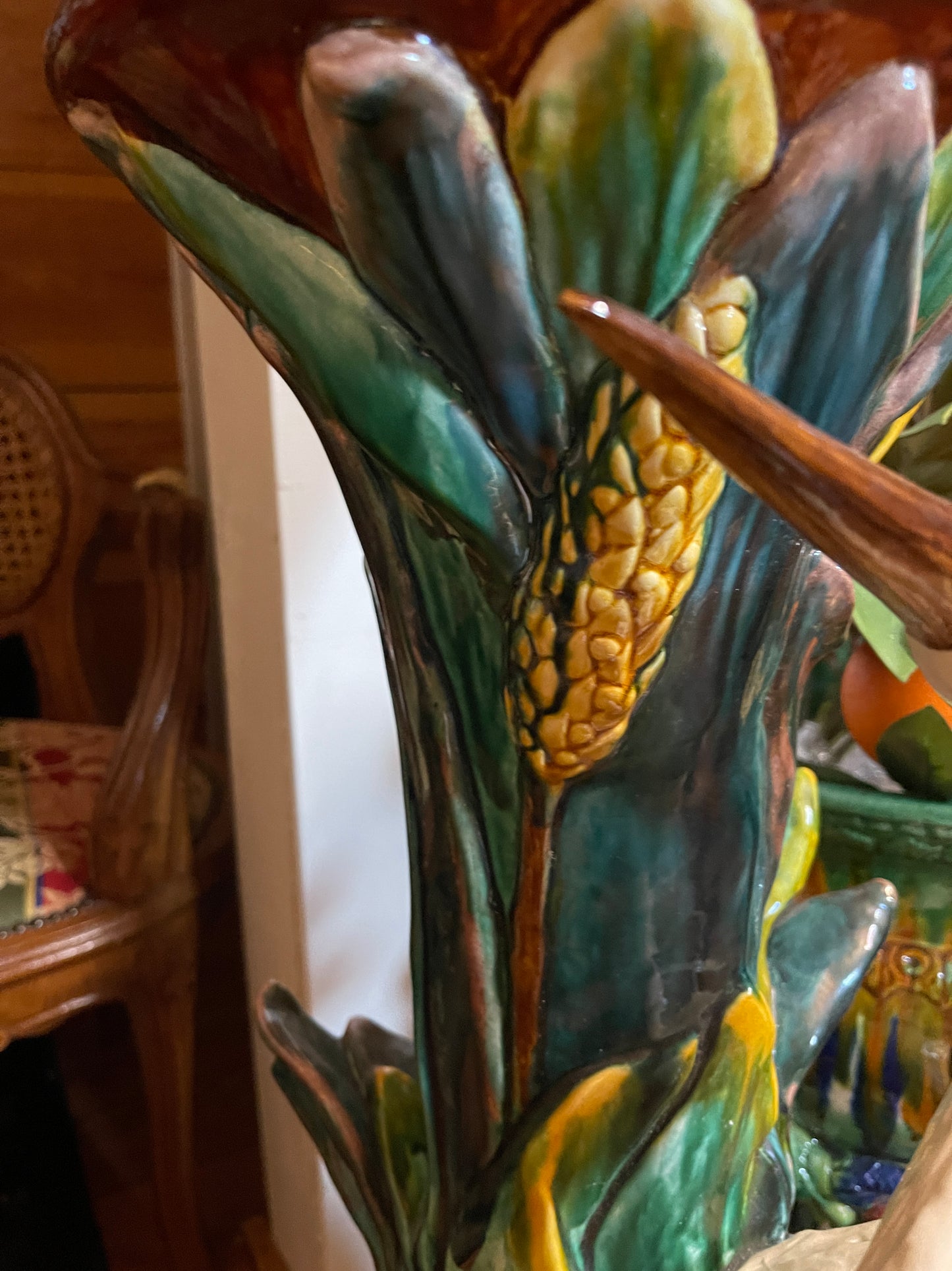 Monumental French Art Nouveau Majolica Jardinière on Heron Stand | Vallauris Style | Palm Beach Chic Coastal Garden Statement Piece