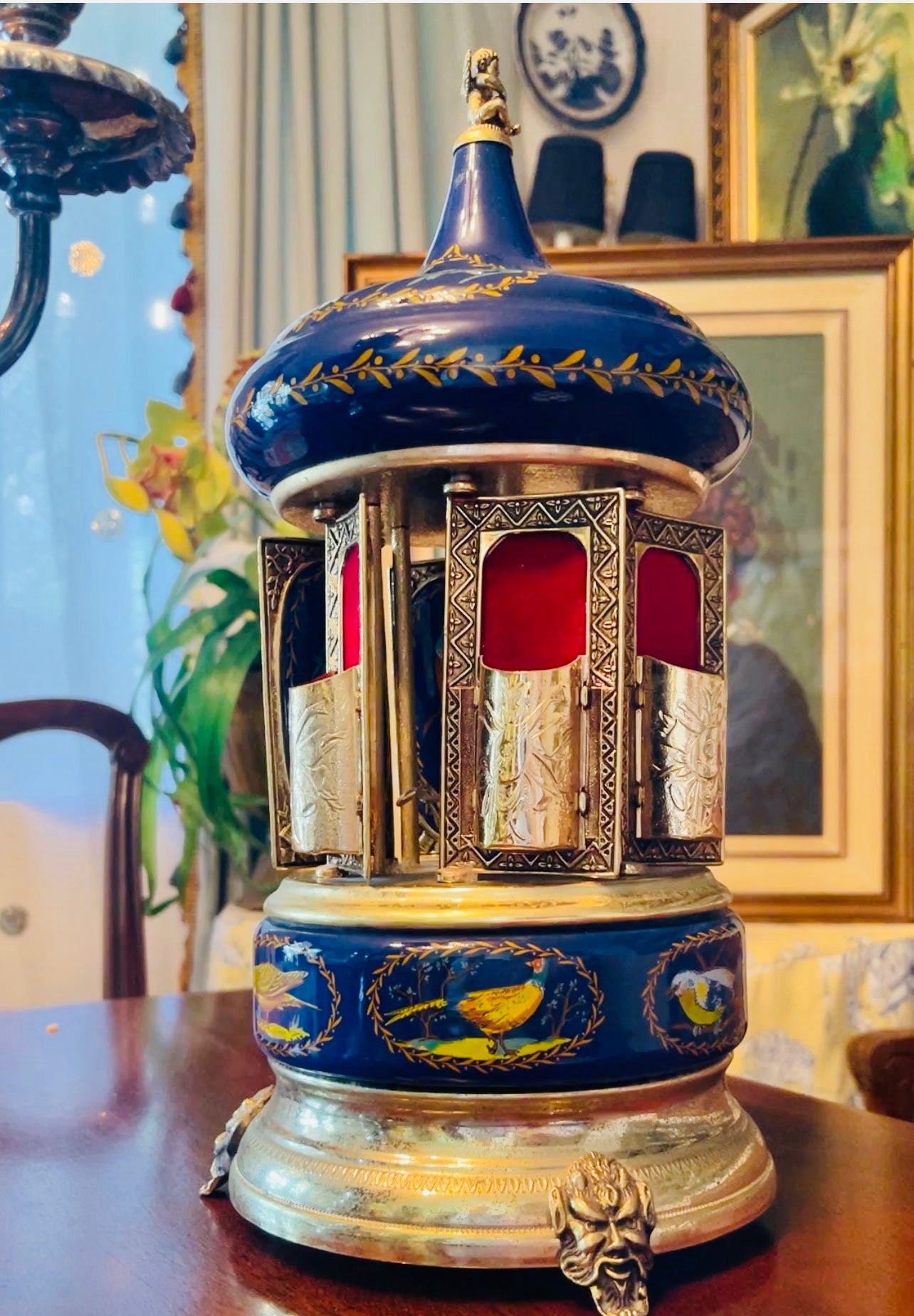 Vintage Reuge Italian Lipstick Carousel Music Box | Hand-Painted Porcelain with Birds, Cherub Finial & Gilt Base