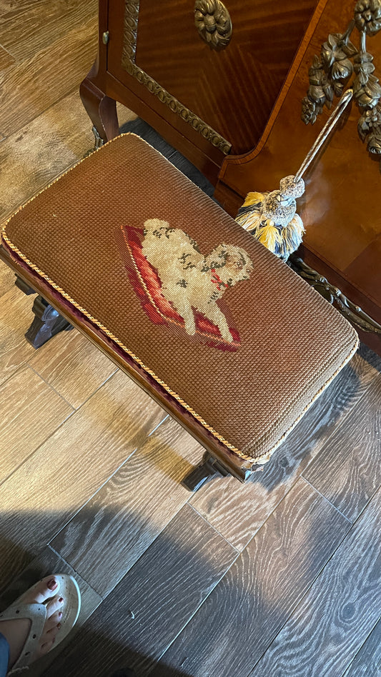 Antique Eastlake-Style Dog Needlepoint Storage Bench