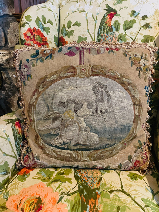 19th Century Horses & Pastoral Scene French Aubusson Tapestry Pillow – Shunting Silk Backing
