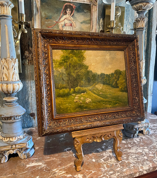 19th Century French Pastoral Oil Painting of Sheep Grazing — Antique Landscape with Varnished Finish