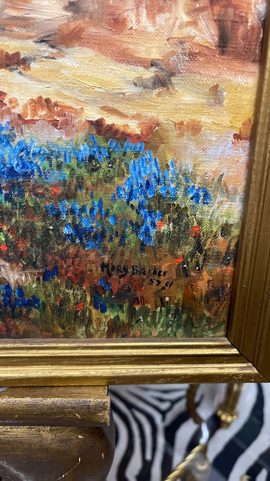 Vintage Original Texas Bluebonnet Landscape Oil Painting | Signed Mary Barker | Dated 1959